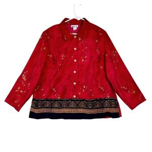 Vintage Asian Blouse Size 2X Red Florals Romantic Embroidered Floral